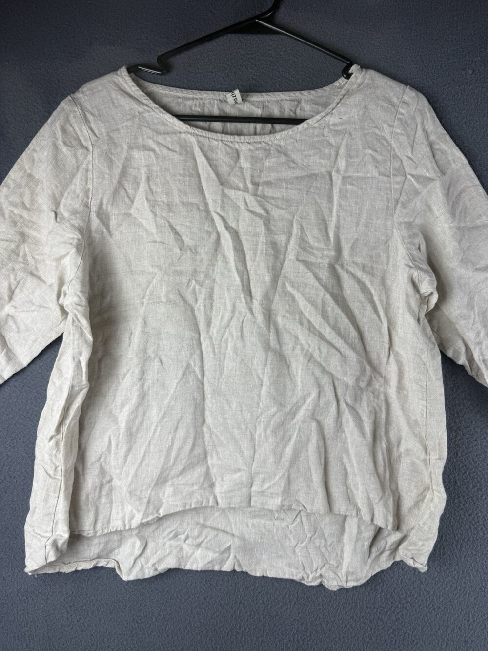 Amazhiyu Women Summer Casual Blouse Crew Neck Tops 3/4 Sleeve Large Beige Linen
